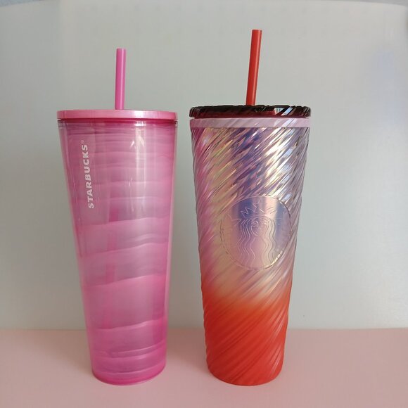 Set of 2 Starbucks cups 24 oz Pink and Orange Like new - Picture 1 of 6